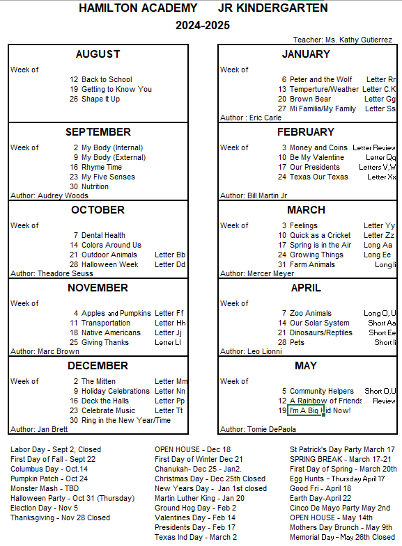 Jr Kindergarten  PK4  Study Units  Calendar